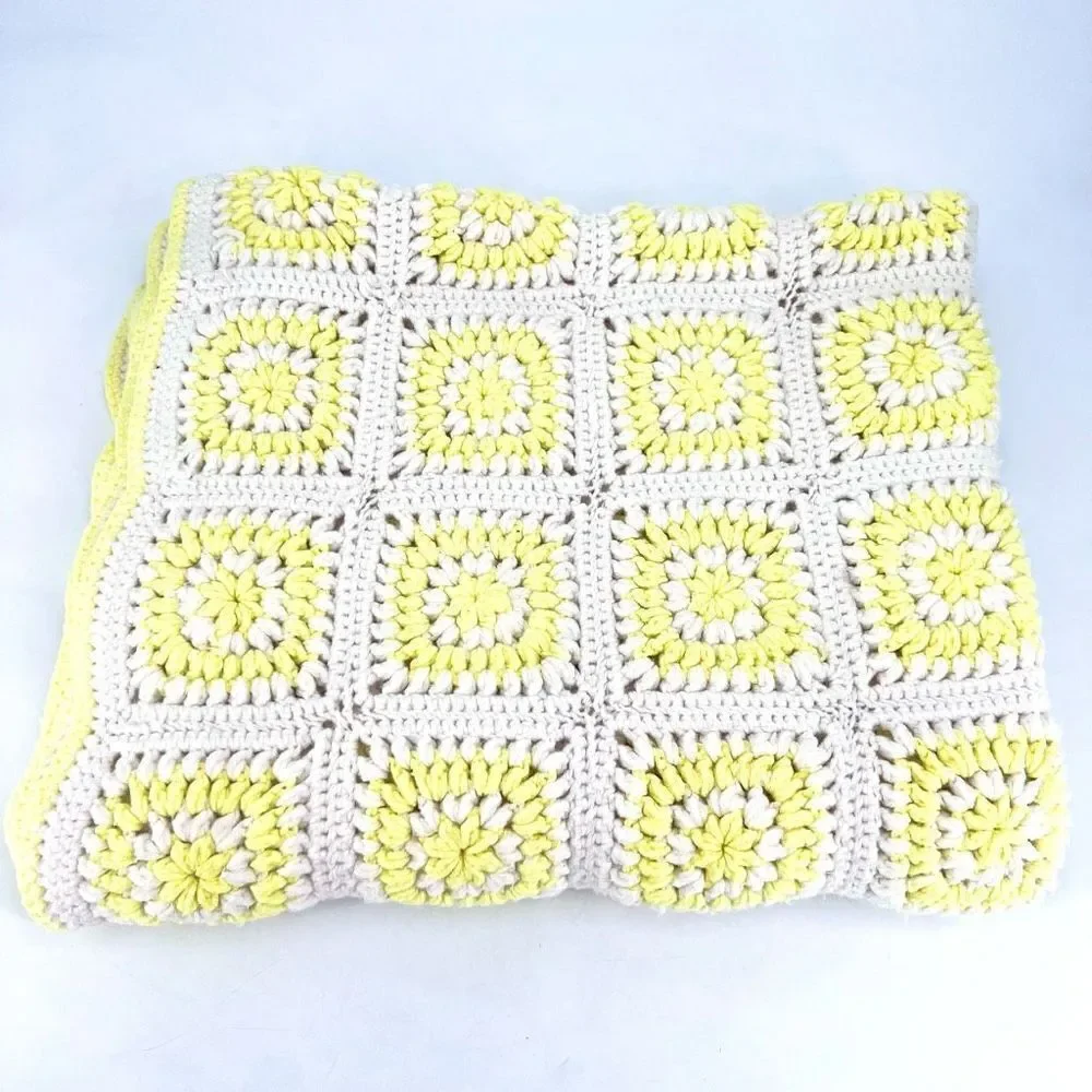 Vintage Handmade Large Afghan Blanket Yellow & White Camp Adirondack rustic 42 x